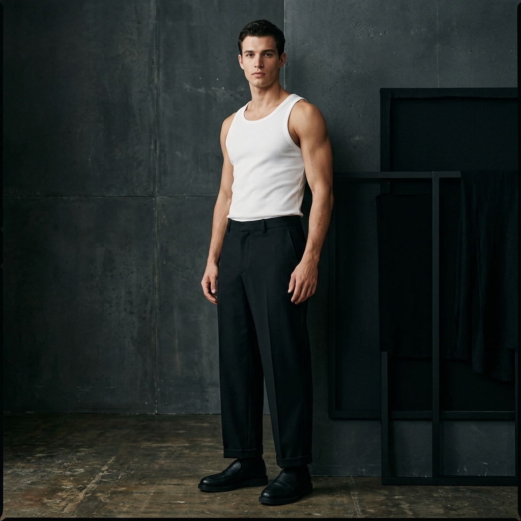 Male model wearing FreshSwags premium 100% cotton white tank top